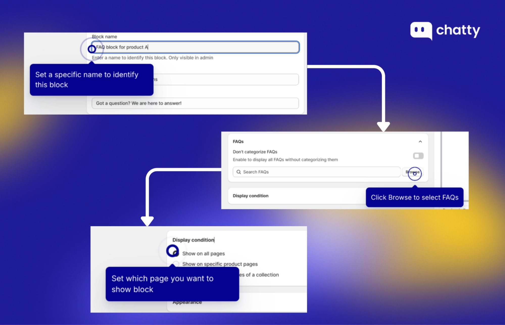 configure faq block name select questions display conditions