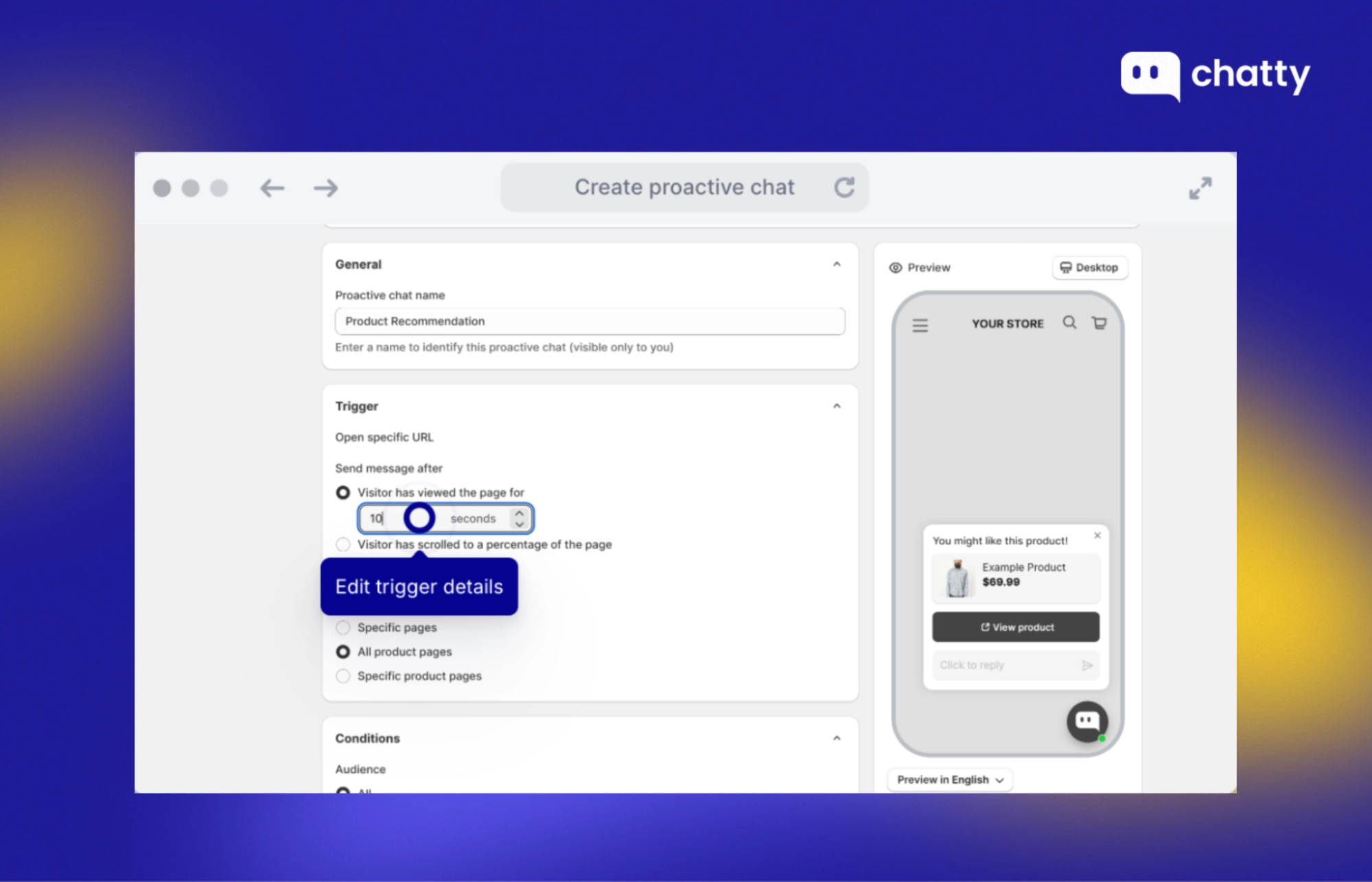 Chatty AI proactive chat trigger setup preview