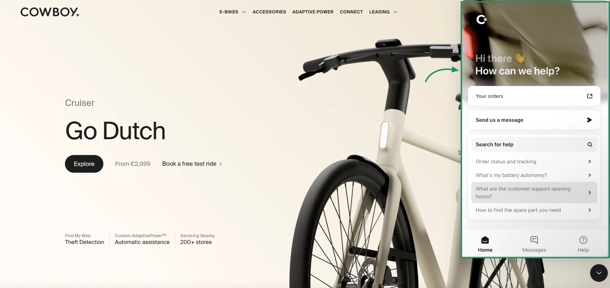 Help widget with self-service options on an e-bike site
