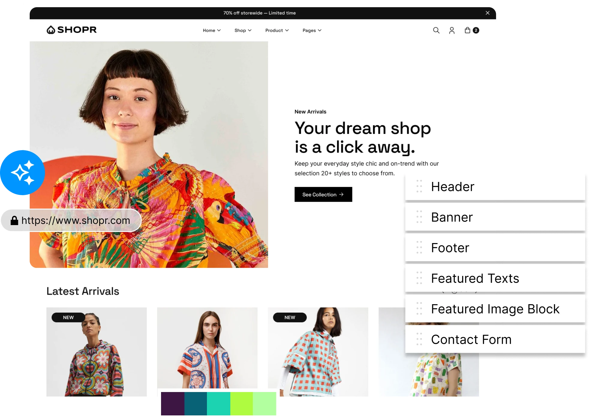 ecommerce website builder interface with theme editing