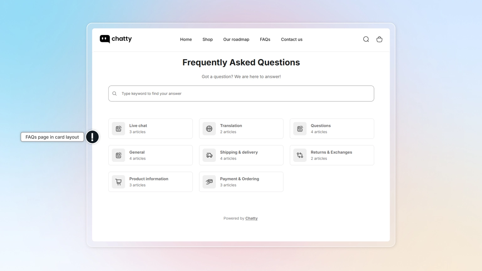 faqs page card layout powered by chatty