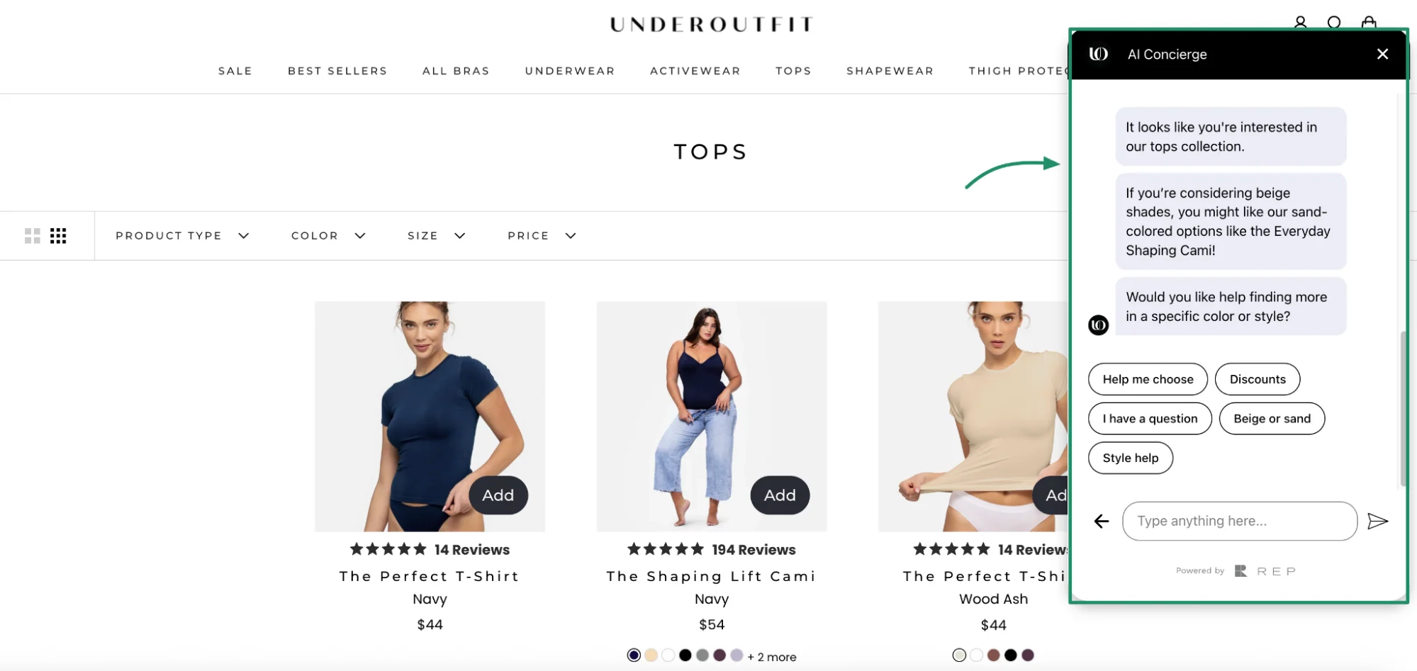 AI concierge support on a fashion collection page