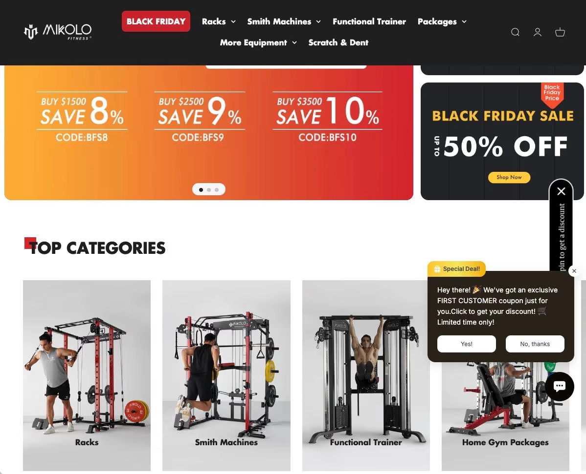 Chatbot offering discount coupon on fitness store homepage