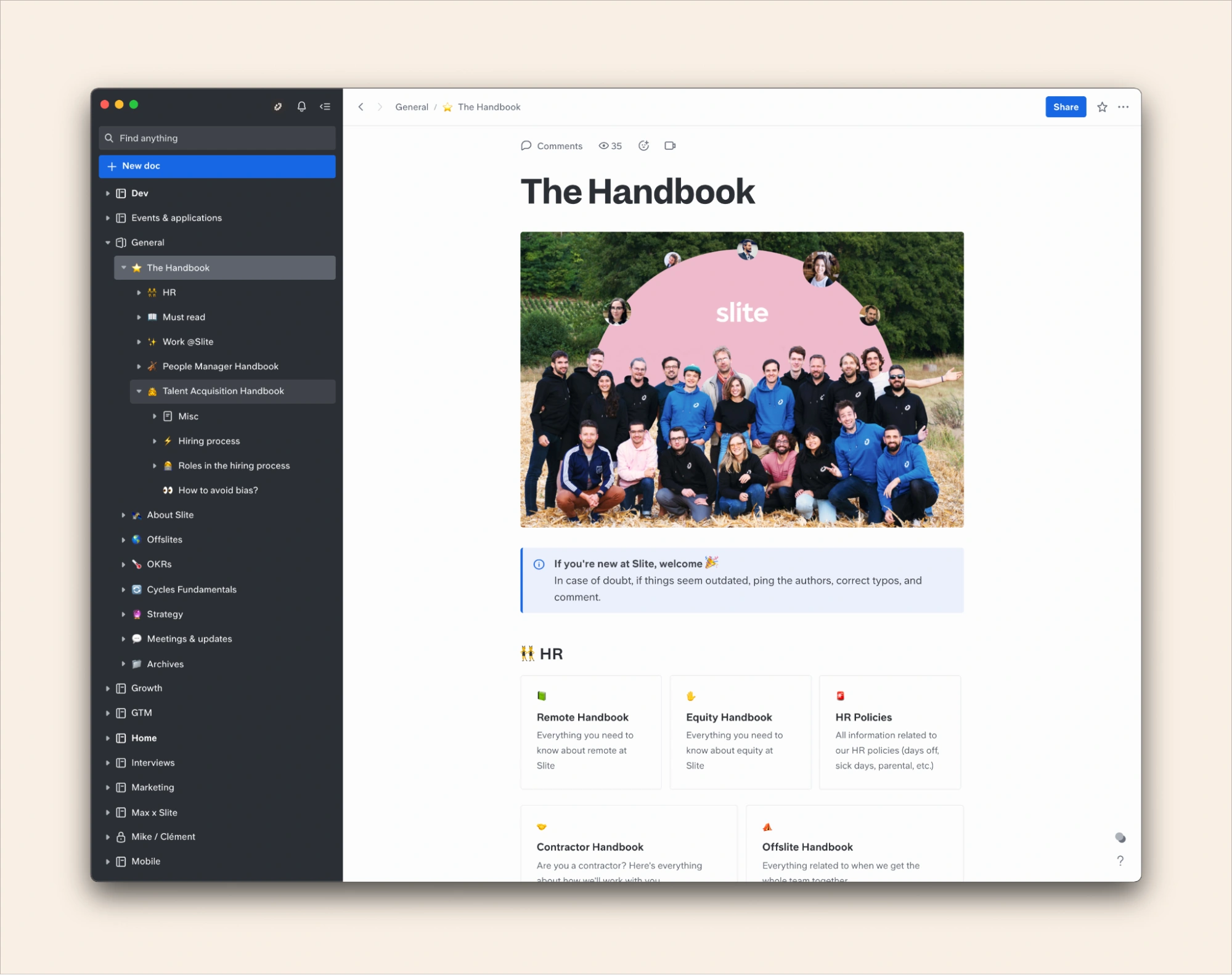 Internal handbook example on Slite
