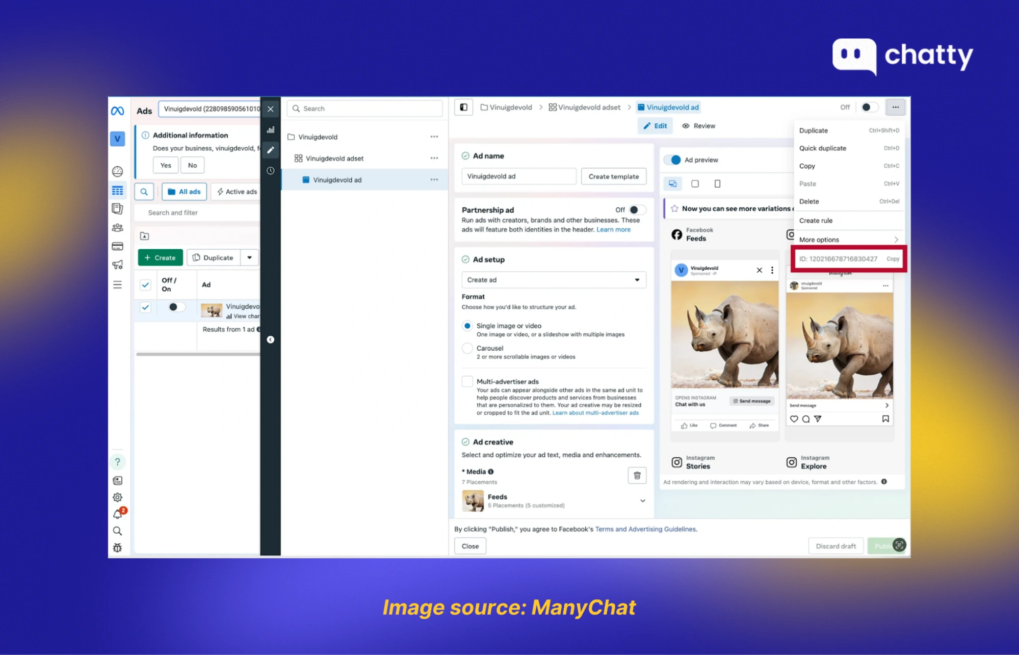 ManyChat dashboard integrated with Meta ad