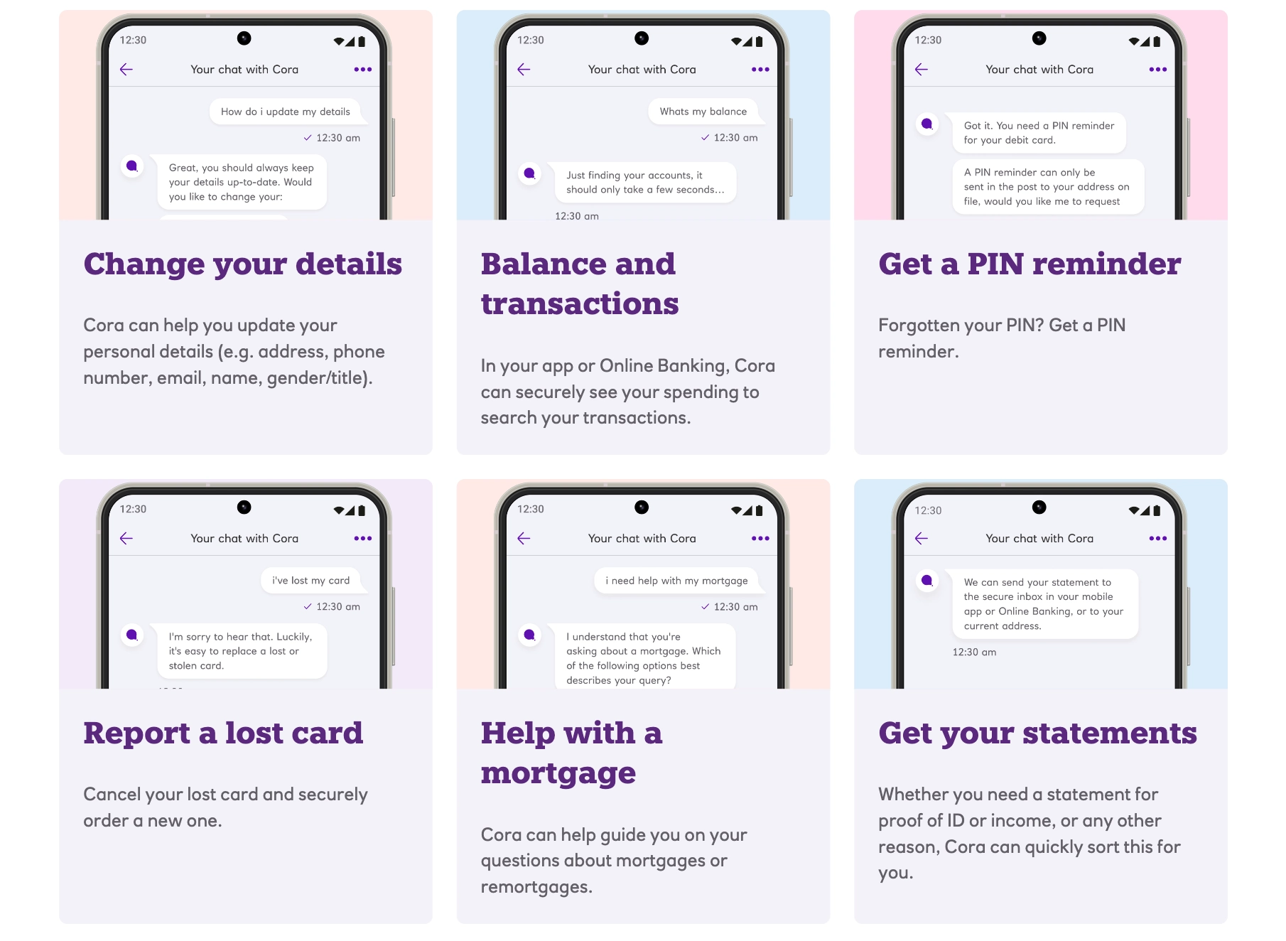 NatWest Cora banking chatbot common tasks overview