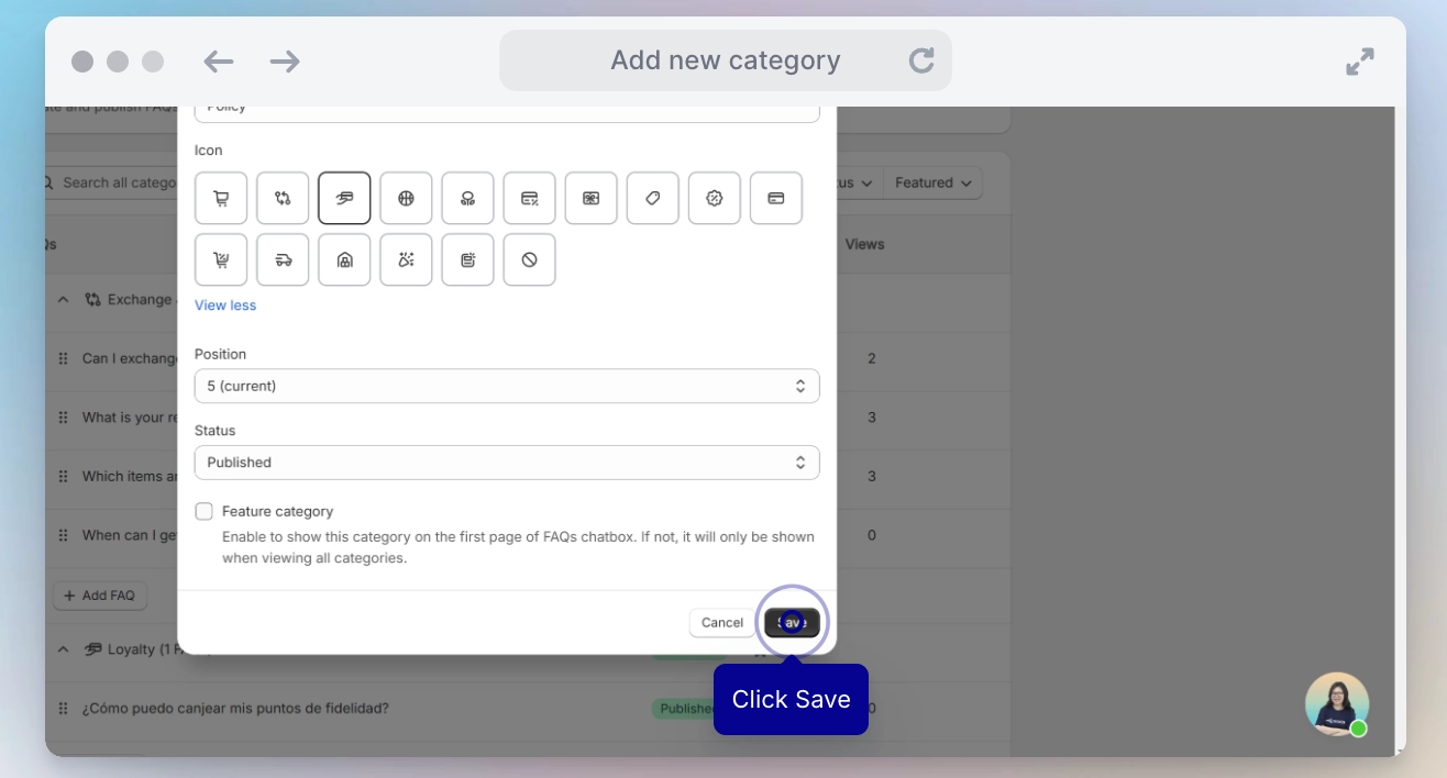 save faq category with icon position and status