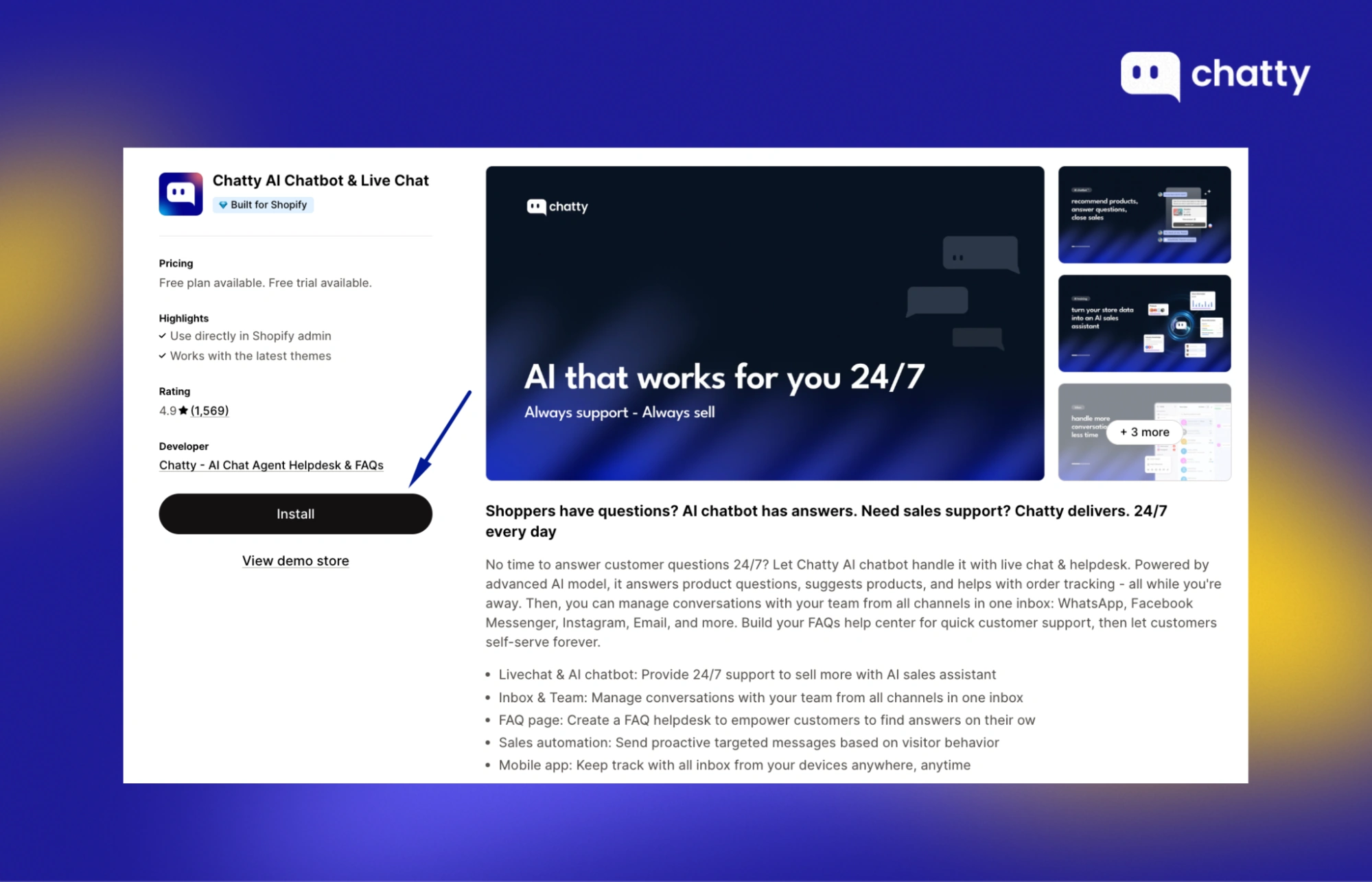 shopify app store install chatty ai chatbot live chat