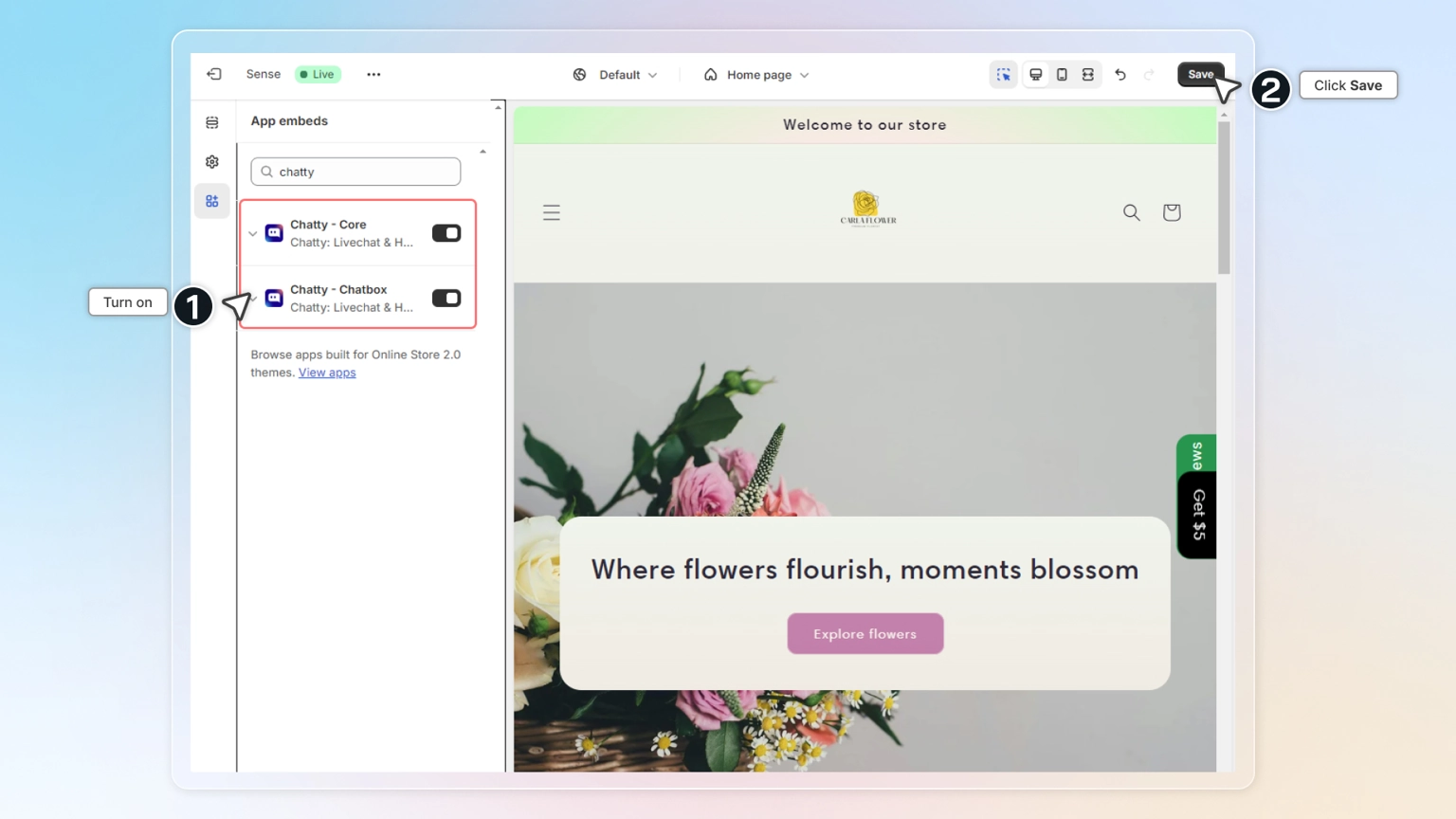 shopify theme editor enable chatty app embed and save