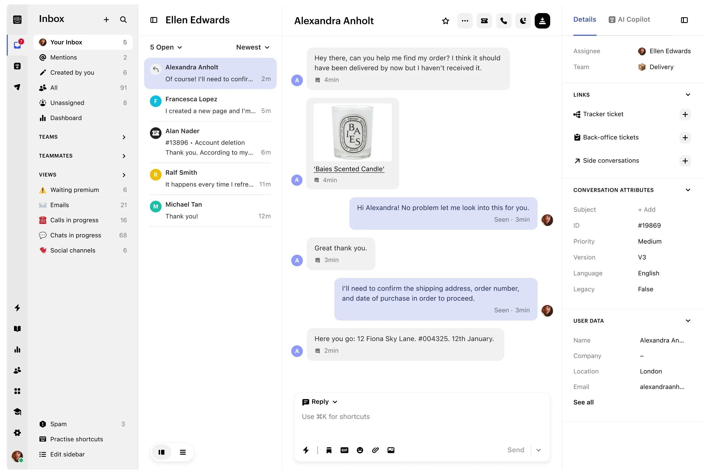Intercom inbox showing AI-powered customer support interface with conversation threads, team collaboration, customer details, and AI summary features for seamless handovers and faster response times.