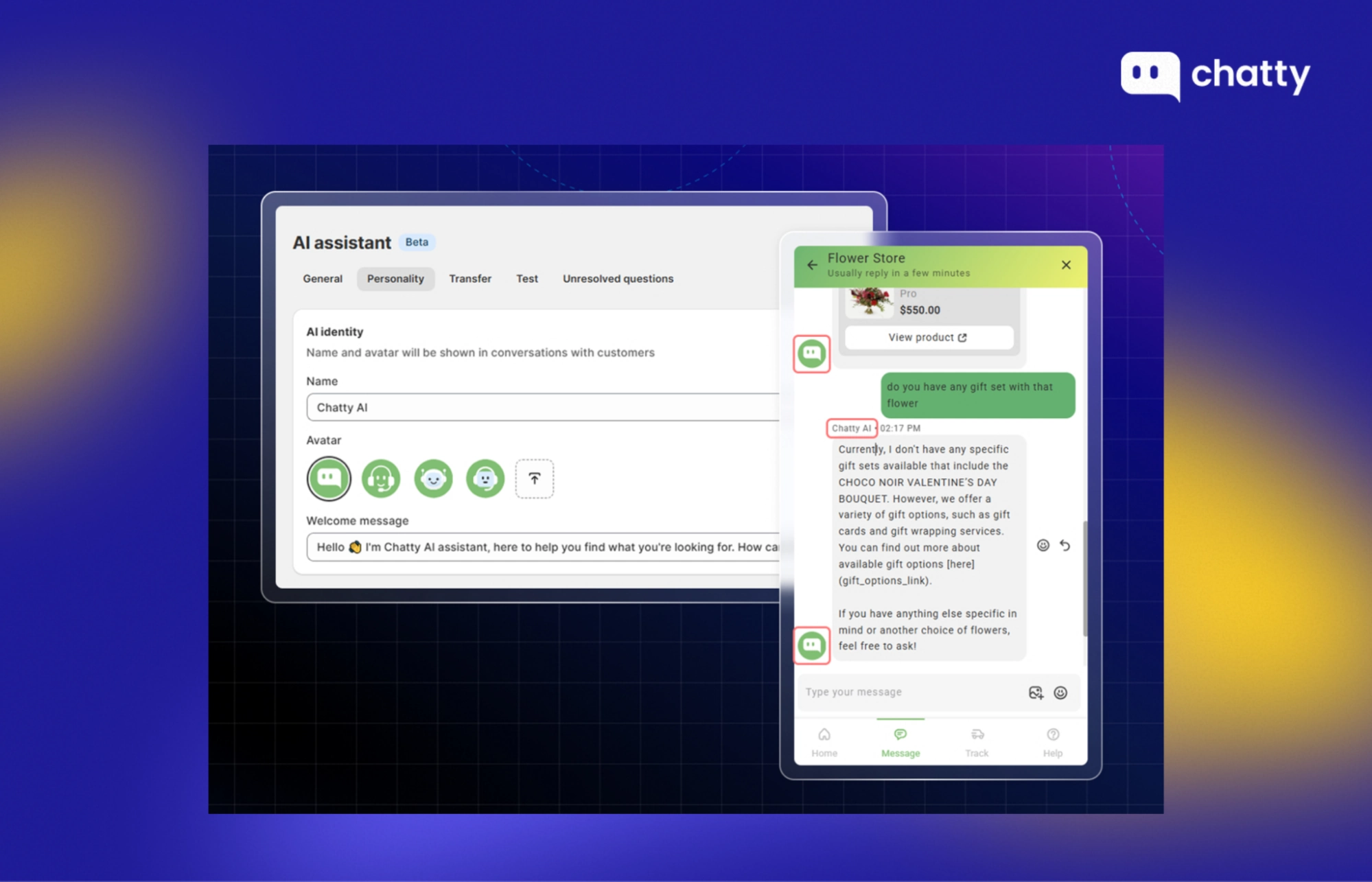 Chatty instantly suggests the correct size recommendation based on product data