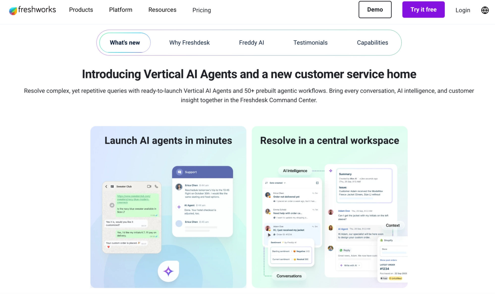 Freshdesk introducing Vertical AI Agents and new customer service home with features to launch AI agents in minutes and resolve issues in a central workspace with AI intelligence, conversations, and context.