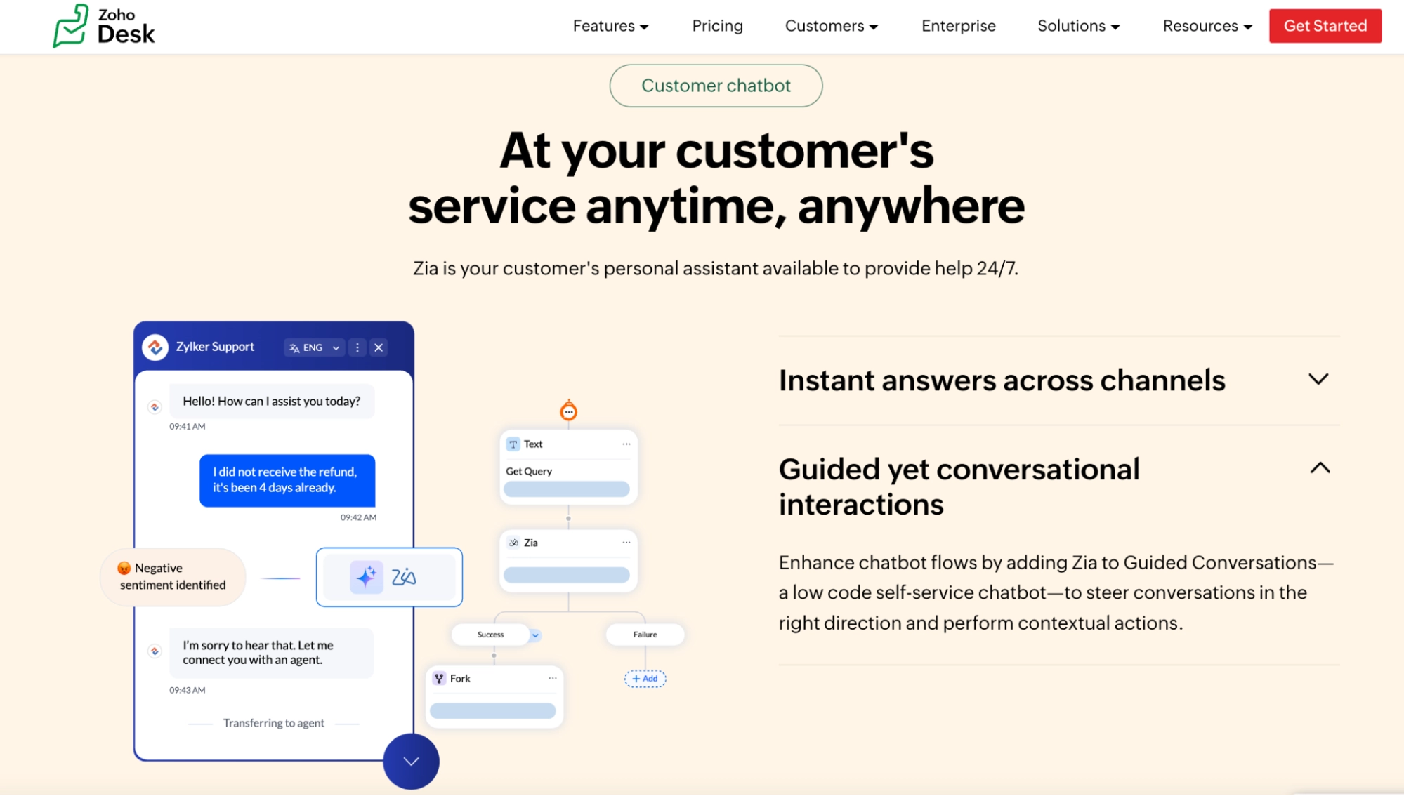 Zoho Desk customer service platform with Zia AI personal assistant providing help 24/7 with instant answers across channels, guided conversations, and contextual actions to enhance chatbot flows.