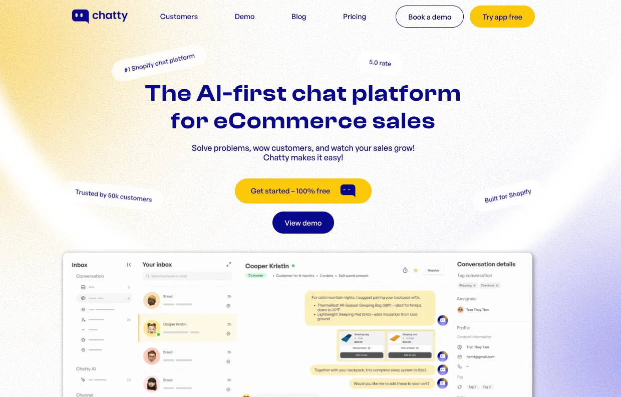 Screenshot of Chatty AI chatbot interface showing a conversation about product recommendations on an e-commerce bicycle store website