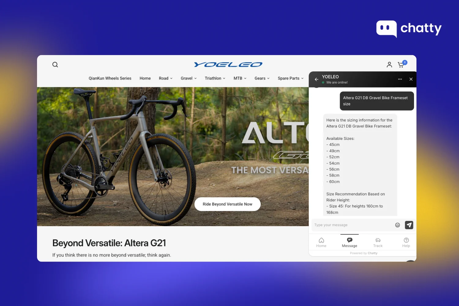 Website homepage of a bicycle brand showing a gravel bike product banner labeled Beyond Versatile: Altera G21.