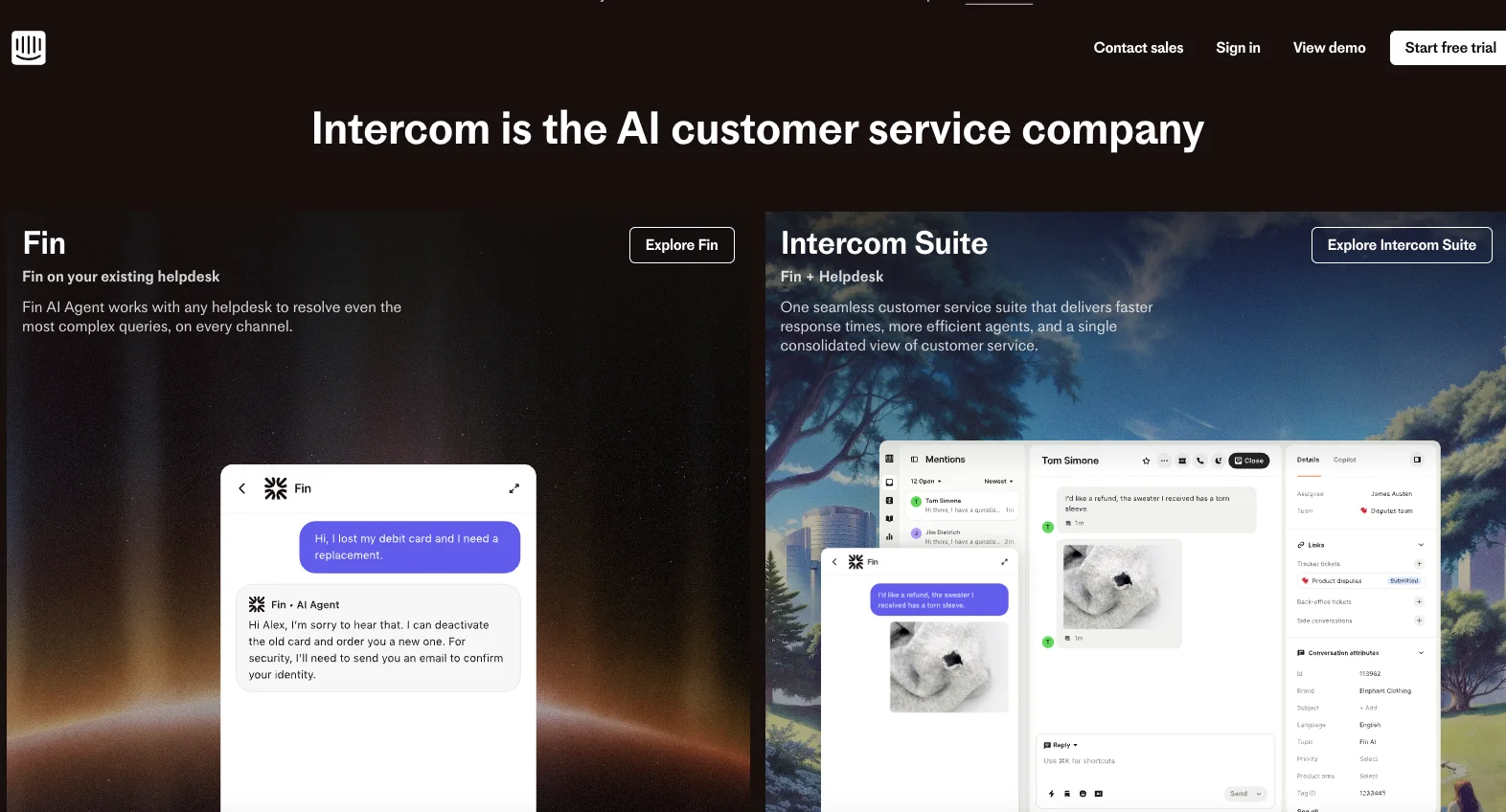 Screenshot of Intercom dashboard showing customer messaging interface with conversation threads, automation workflows, and customer data