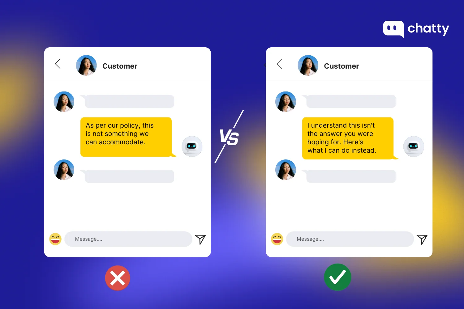Comparison of customer support replies showing an incorrect scripted response versus a better empathetic response that acknowledges the issue and offers an alternative solution.