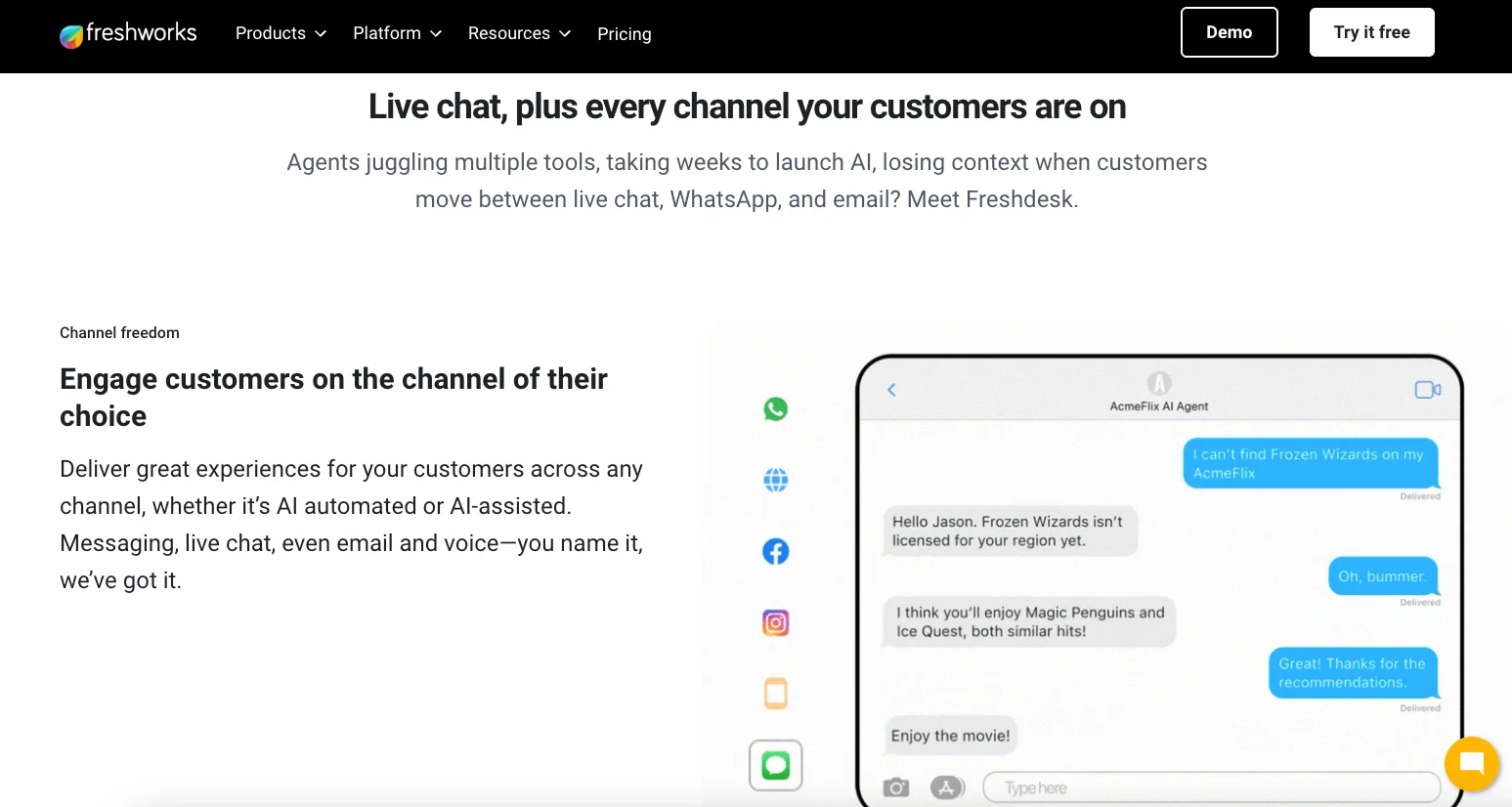 Screenshot of Freshchat interface showing team inbox, conversation routing, and multi-channel messaging dashboard for customer support