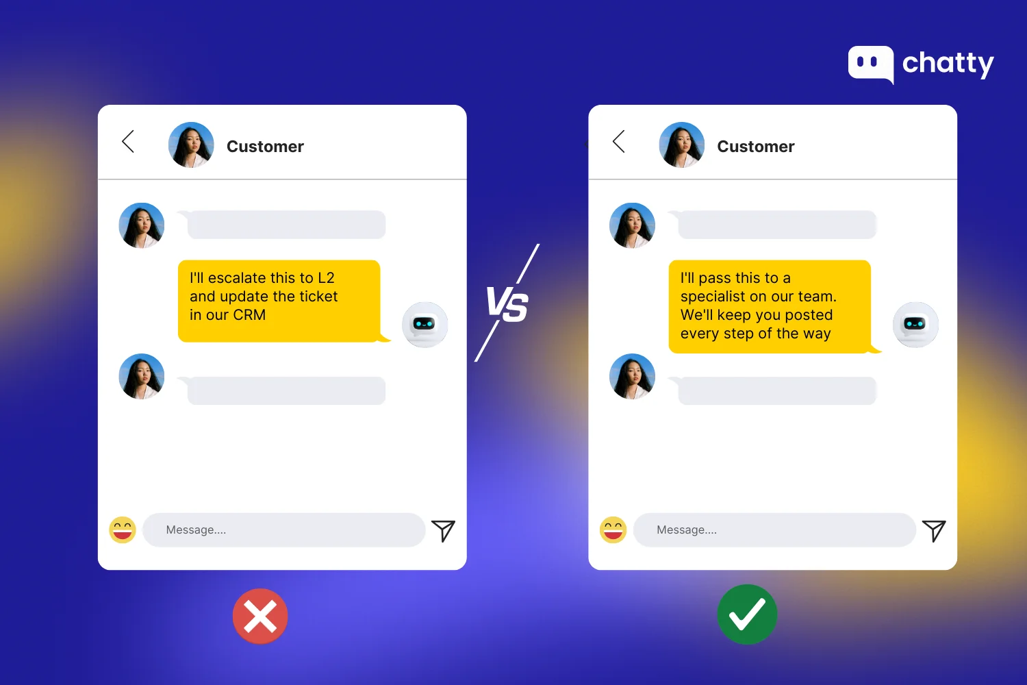 Comparison of customer support replies showing a poor technical response versus a better response that explains the escalation clearly and reassures the customer they will be kept updated.