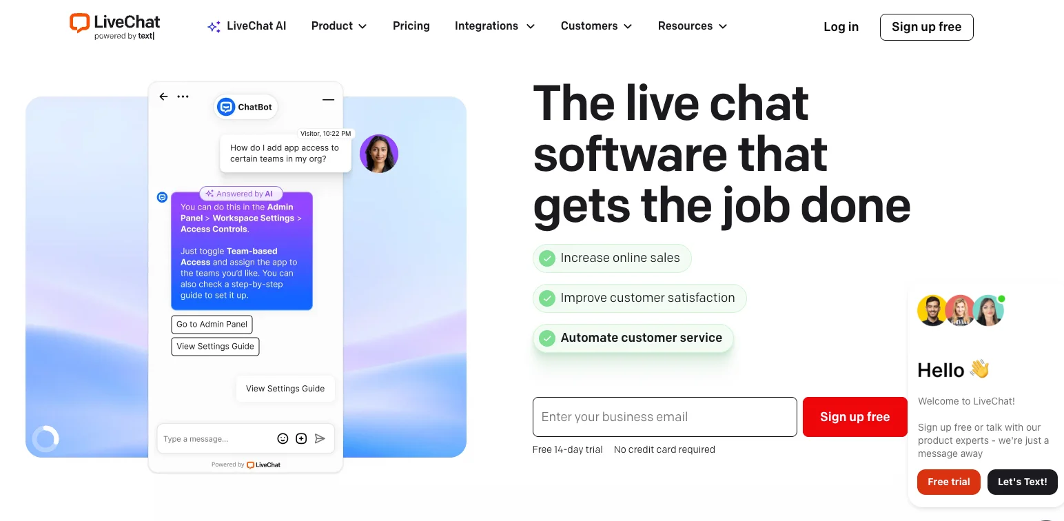 Screenshot of LiveChat platform showing chat widget, agent workspace with customer conversation history, and real-time messaging interface