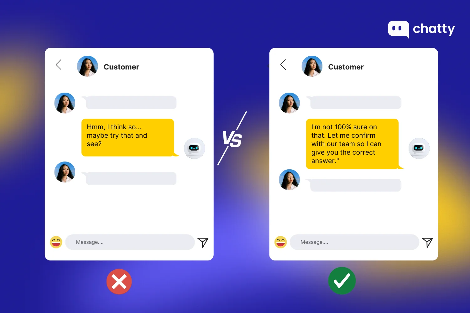 Comparison of customer support replies showing an uncertain and unhelpful answer versus a better response that admits uncertainty and promises to confirm with the team to provide the correct information.