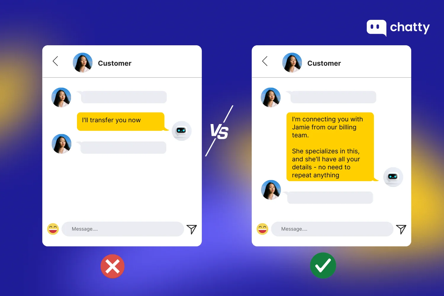 Comparison of customer support replies showing a vague transfer message versus a better response that introduces the specialist by name, explains their expertise, and reassures the customer they will not need to repeat their details.