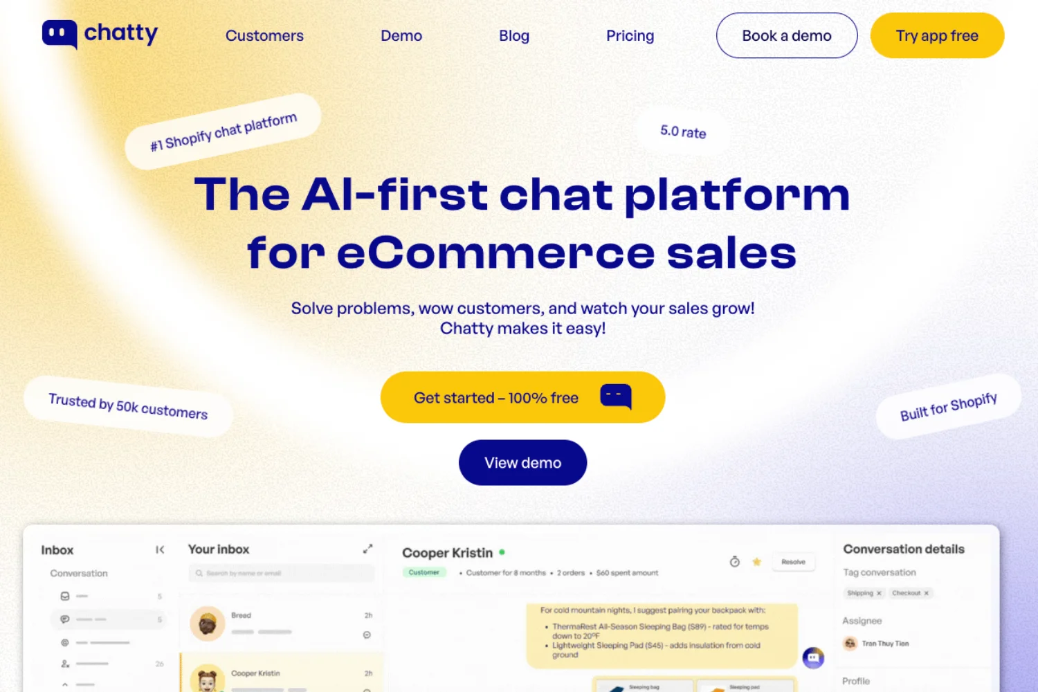 Chatty as an AI first chat platform for ecommerce sales, highlighting solving customer problems, increasing conversions, and offering options to get started free or view a demo.