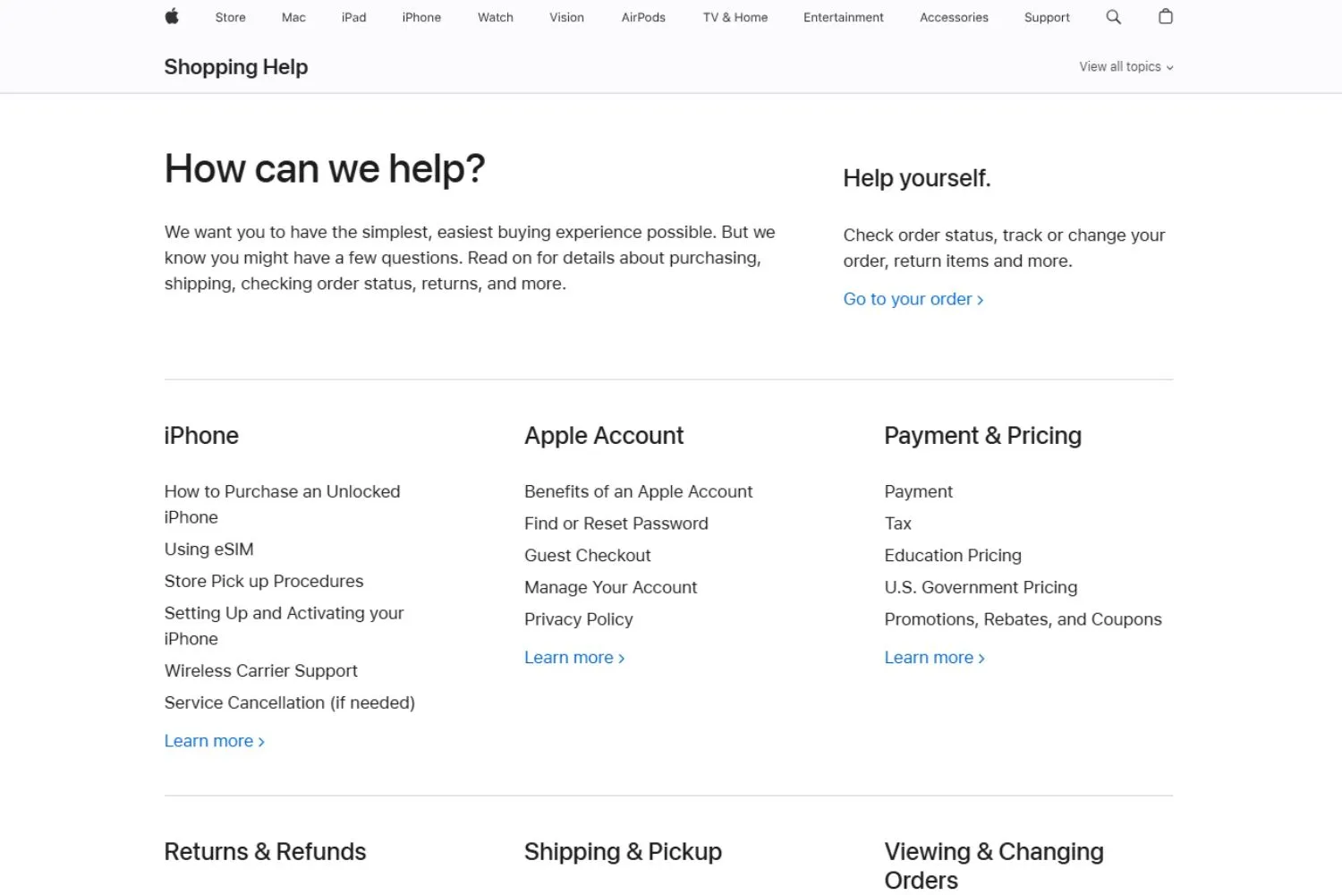 Apple FAQs page interface