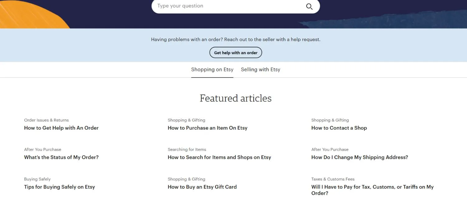 Etsy FAQs page interface