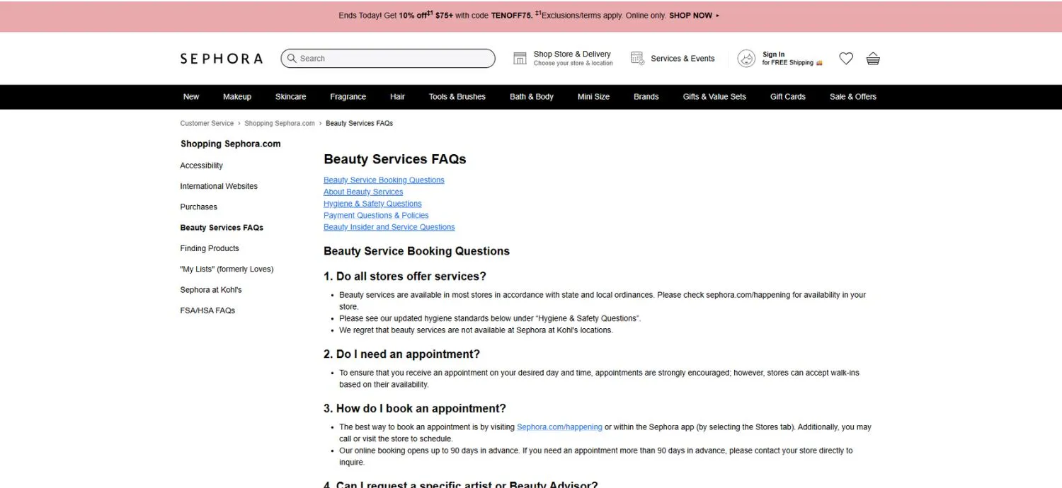 Sephora FAQs page interface