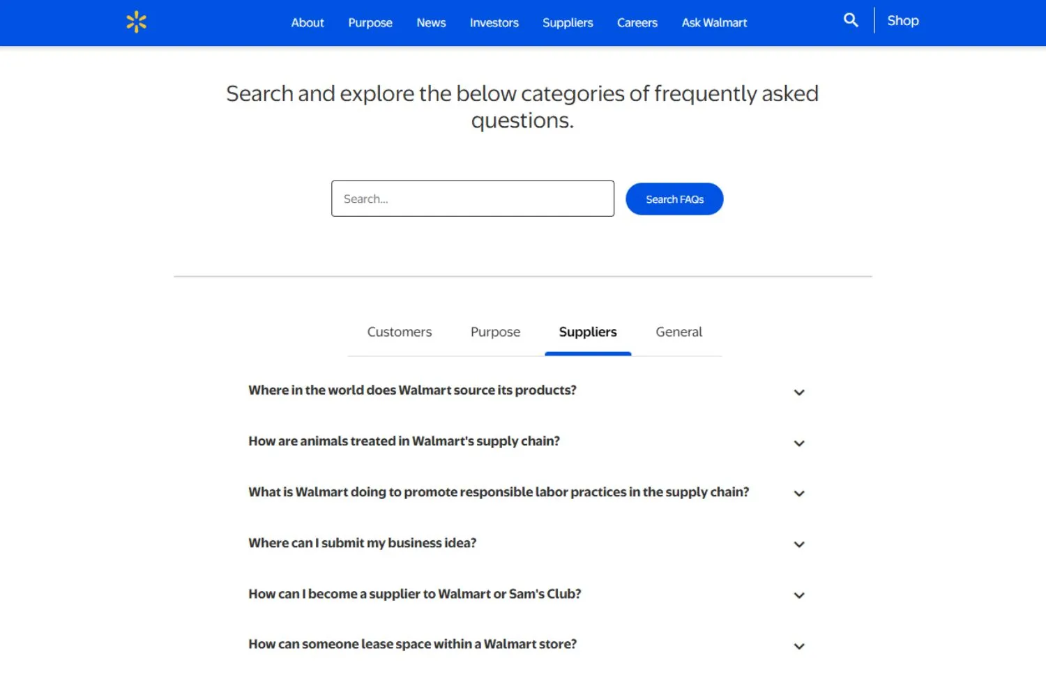 Walmart FAQs page interface