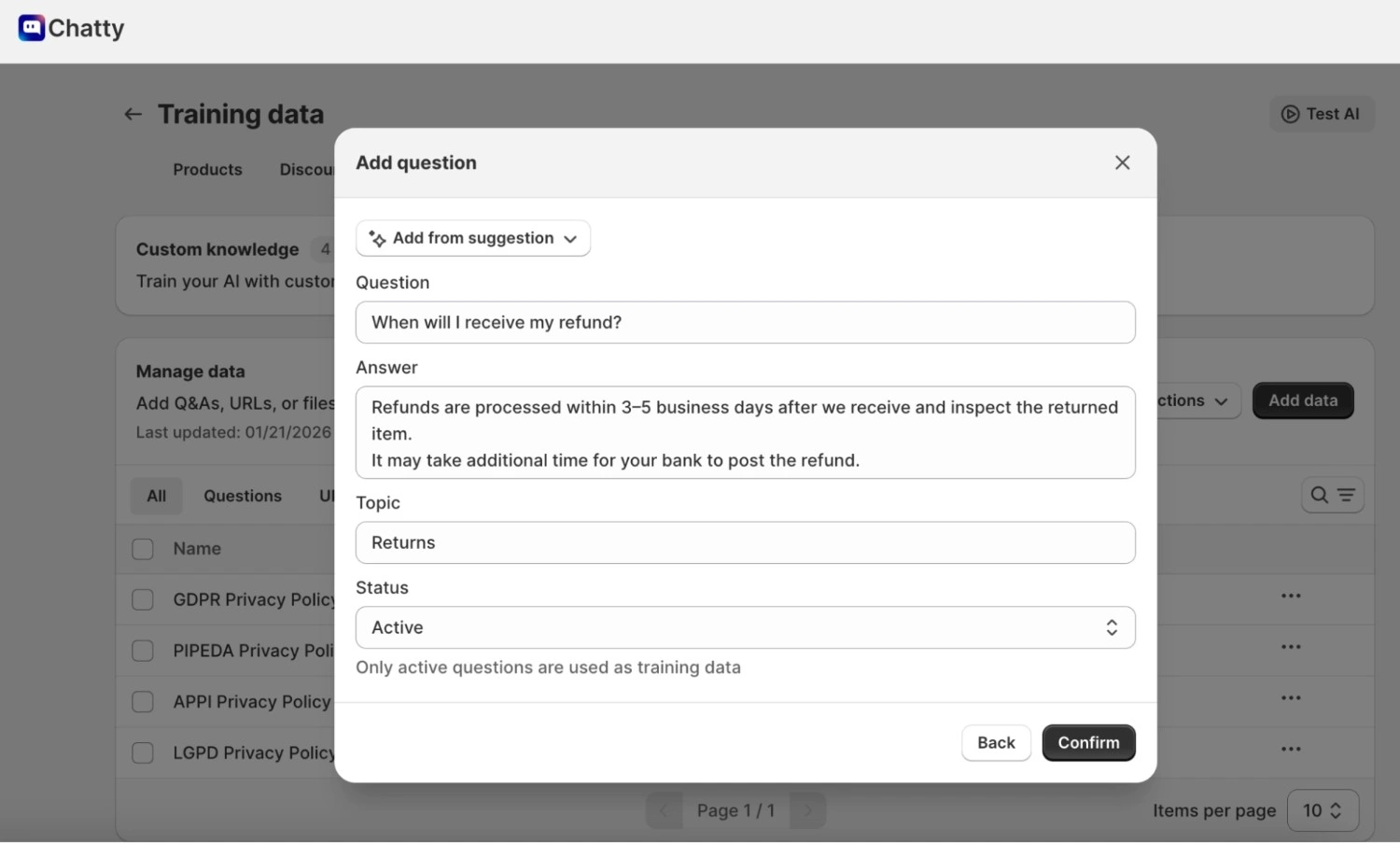 Chatty AI training interface showing how to add a refund policy question and answer to the chatbot knowledge base for handling return and refund inquiries