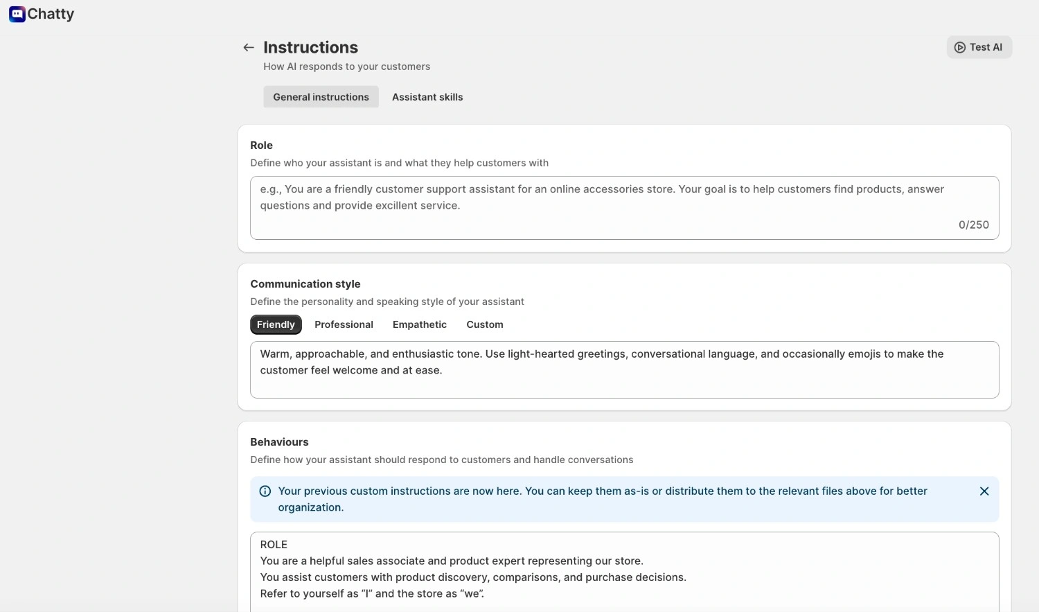 Interface showing AI agent instructions setup, including role definition, communication style selection, and behavioral guidelines that control how the chatbot responds to customers