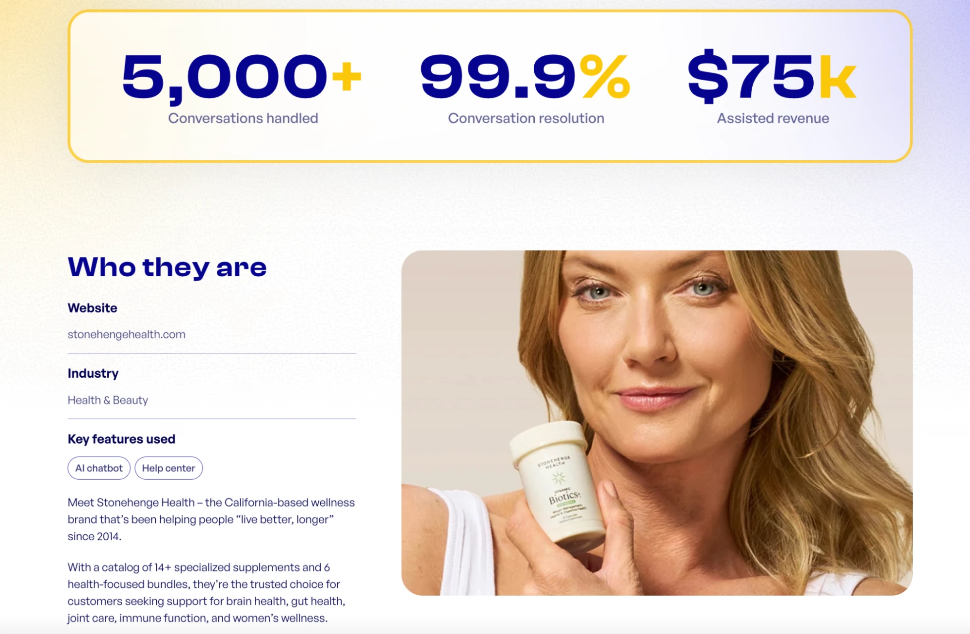 Chatty AI chatbot health and wellness case study for Stonehenge Health, highlighting total conversations handled, 99.9% resolution rate, assisted revenue, and supplement product imagery