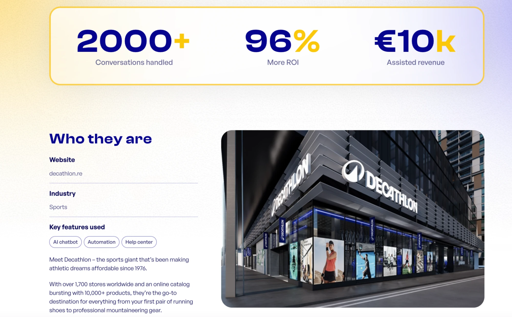 Chatty AI chatbot sports retail case study for Decathlon, displaying conversation volume, ROI increase, assisted revenue, and storefront imagery of a Decathlon retail location