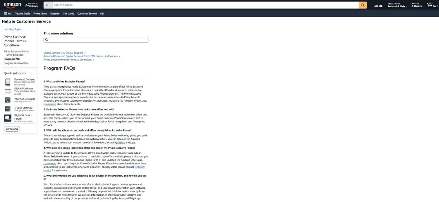Amazon FAQs page interface