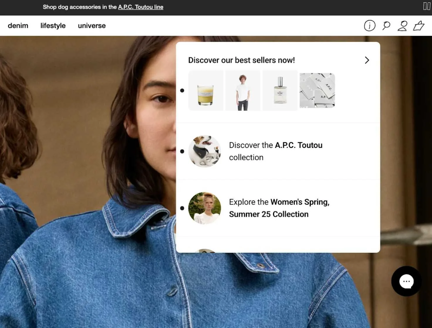 Homepage of A.P.C. featuring an interactive best-sellers overlay that highlights popular products, promotes the A.P.C. Toutou dog accessories collection, and links to the Women's Spring/Summer 25 collection, displayed on top of a lifestyle hero image