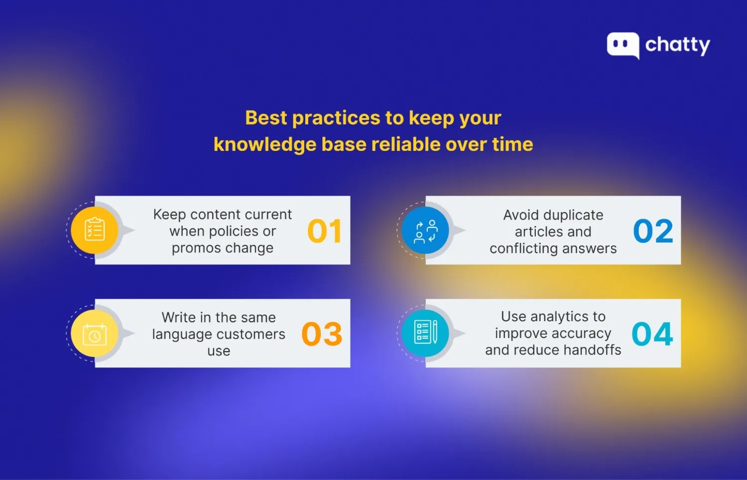 Visual guide outlining best practices for maintaining a chatbot knowledge base, such as keeping content updated, avoiding duplicate answers, and using analytics to improve accuracy