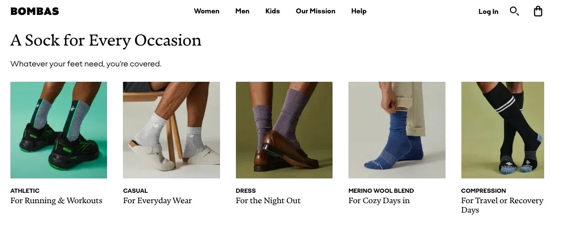 Bombas ecommerce category section displaying socks grouped by activity, including athletic, casual, dress, merino wool blend, and compression, with lifestyle images showing socks worn in different use cases