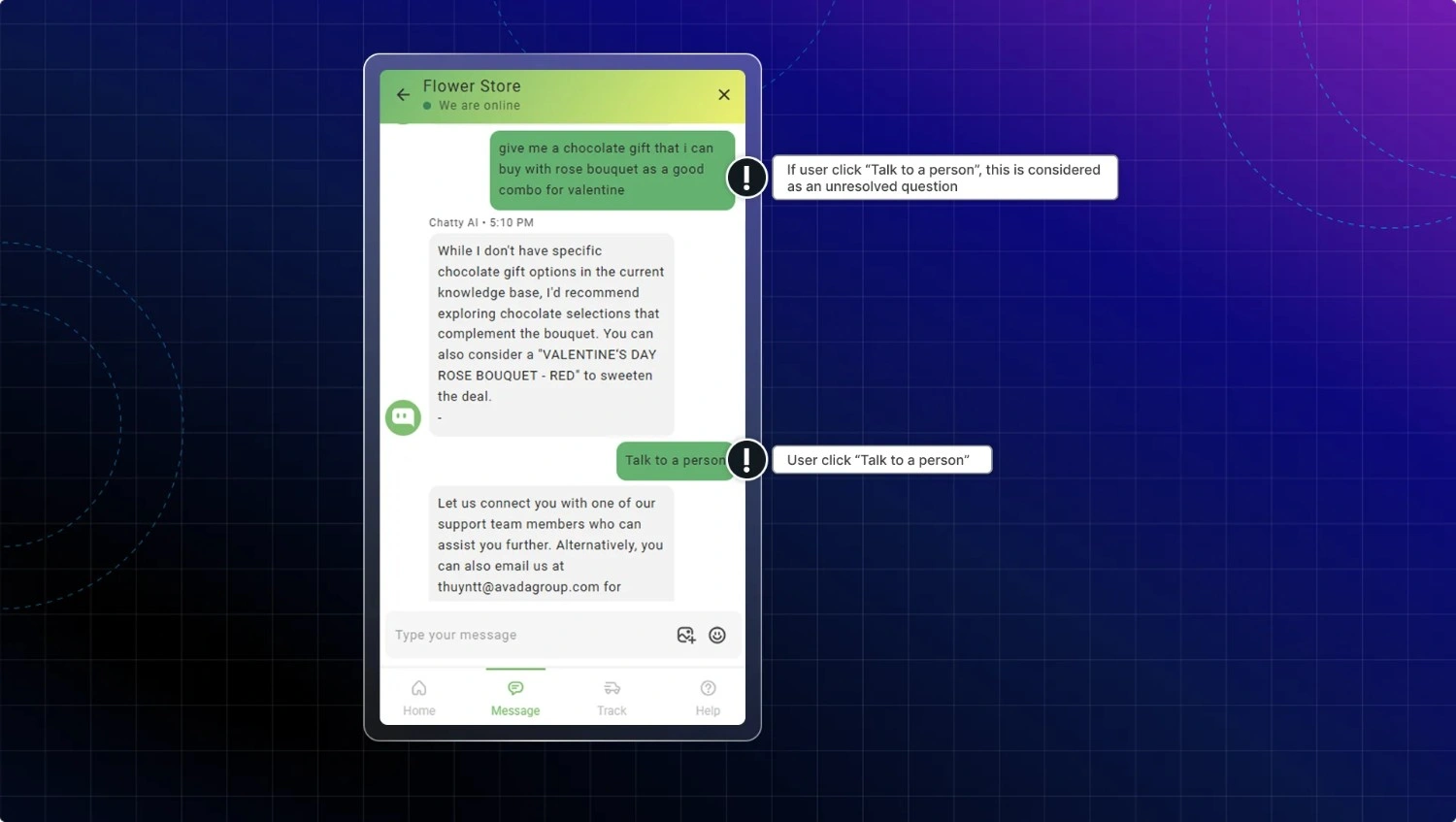 Chat interface demonstrating chatbot human handoff when a question cannot be resolved, showing escalation to a live support agent