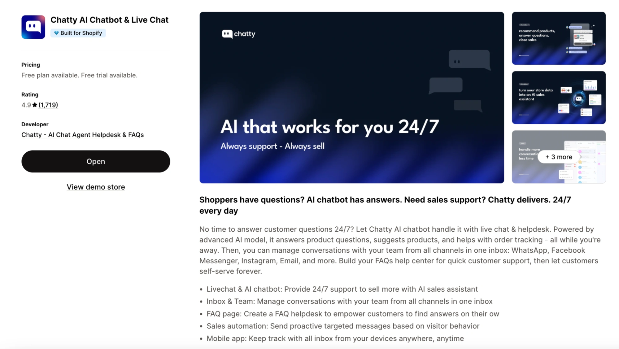 Chatty AI chatbot app listing on Shopify, highlighting 24/7 customer support, AI-powered sales assistance, product recommendations, and multi-channel inbox features