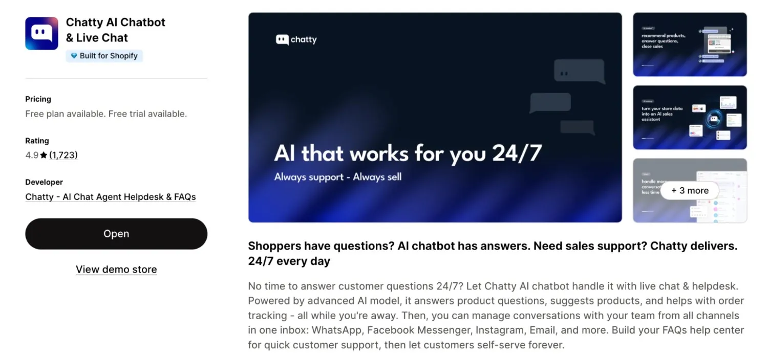 DHaOZuw7Chatty AI chatbot platform listing on Shopify, showcasing 24/7 support, knowledge base setup, live chat, and AI-powered customer assistance features