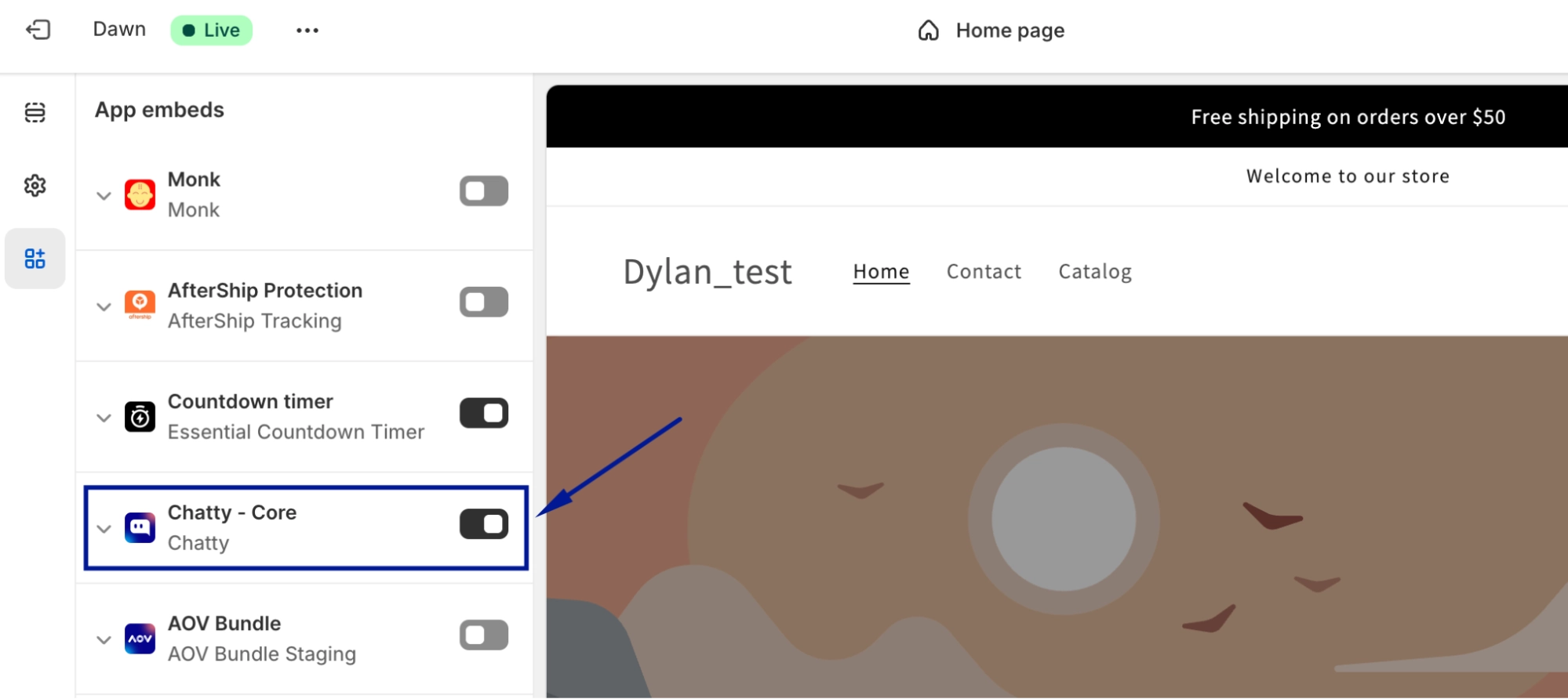 Shopify theme settings screen showing how to enable the Chatty AI storefront chat widget using app embeds