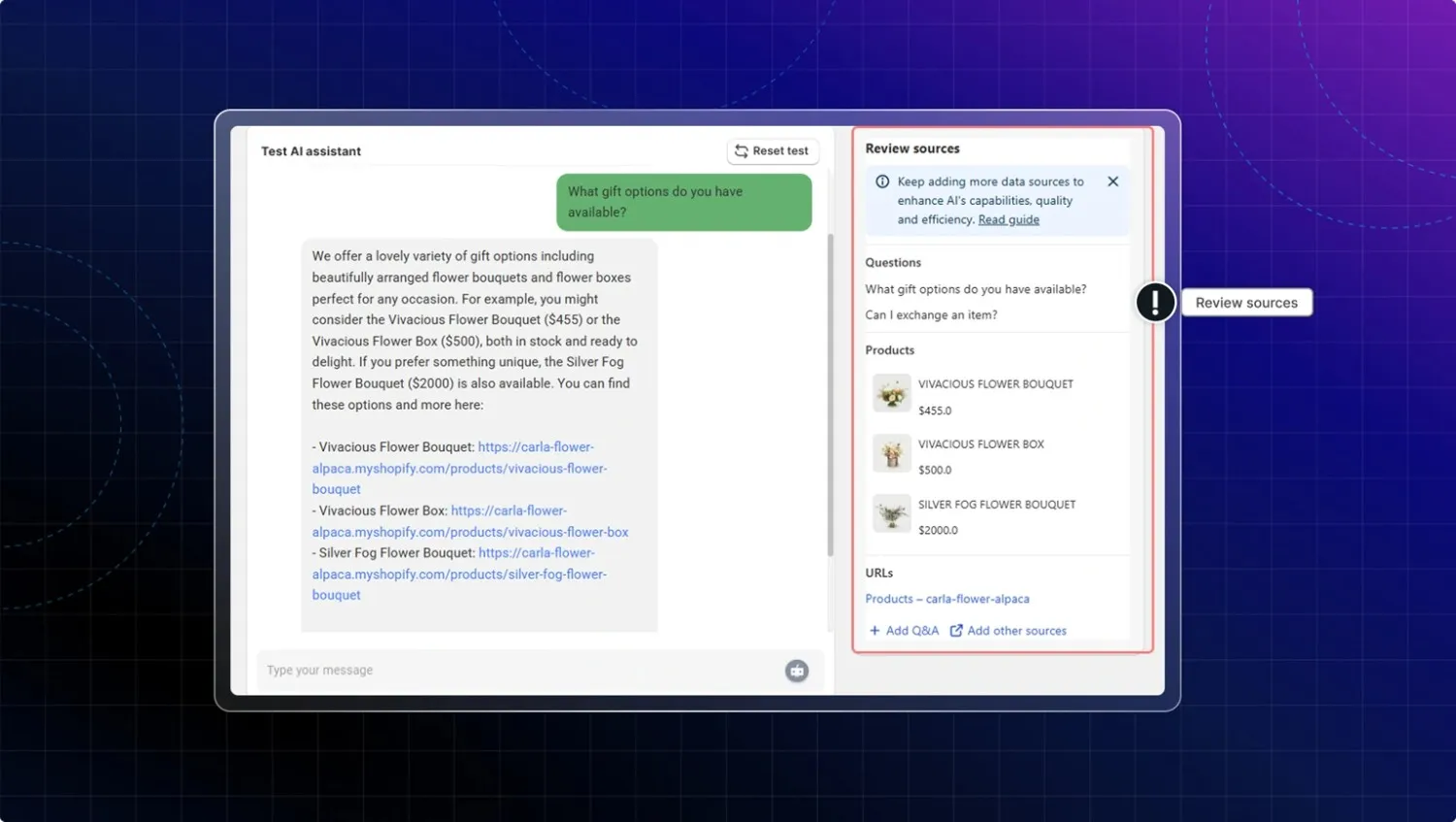 Hybrid NLP and LLM chatbot interface displaying grounded answers alongside a 