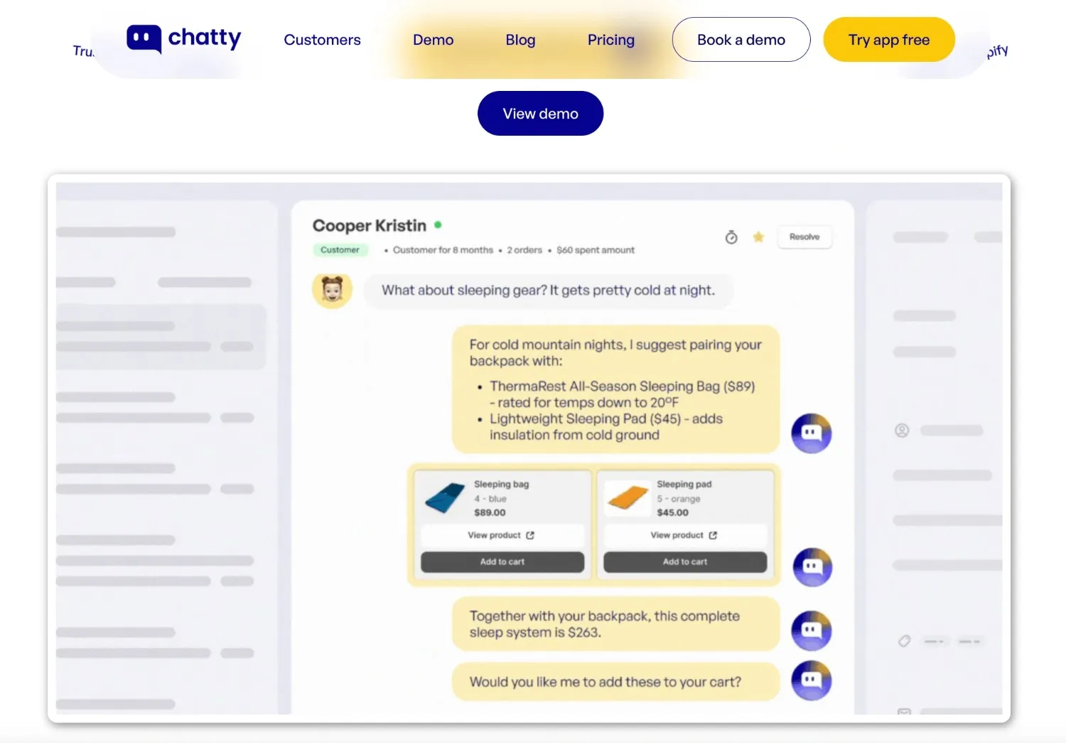 LLM-powered Chatty chatbot recommending complementary products and upselling items in an ecommerce customer conversation