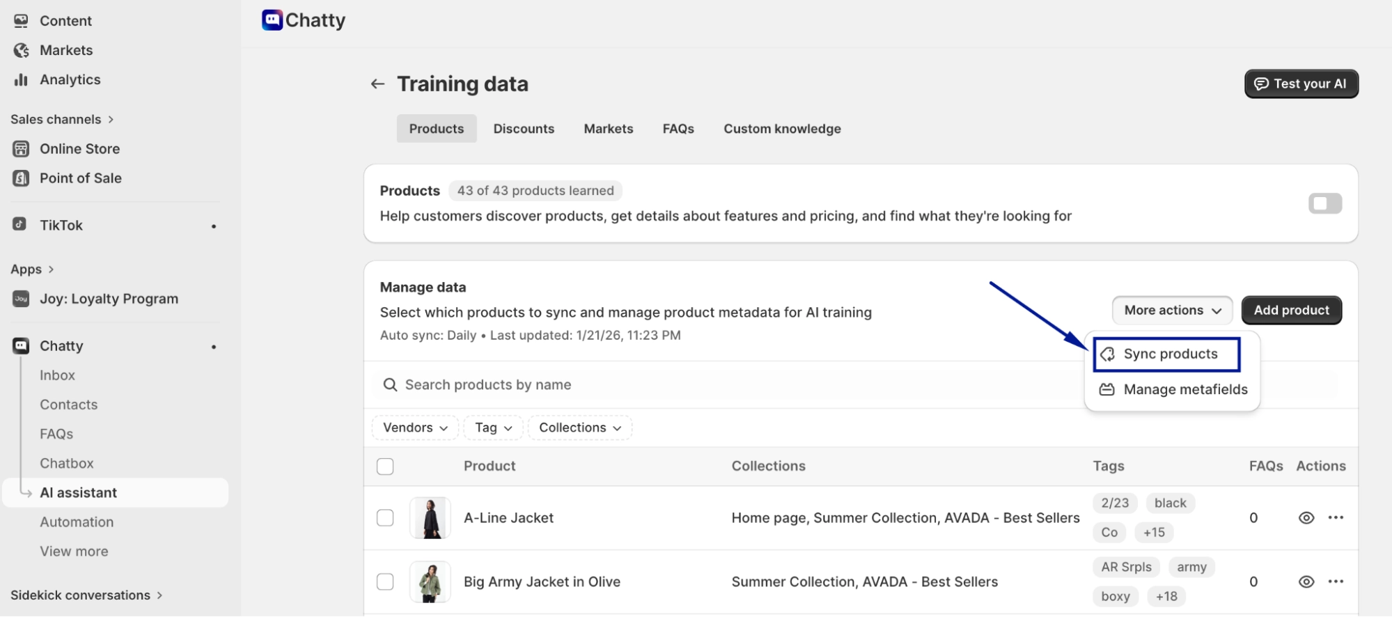 Chatty AI training data screen showing product synchronization from Shopify, including sync products and manage metafields options for AI learning