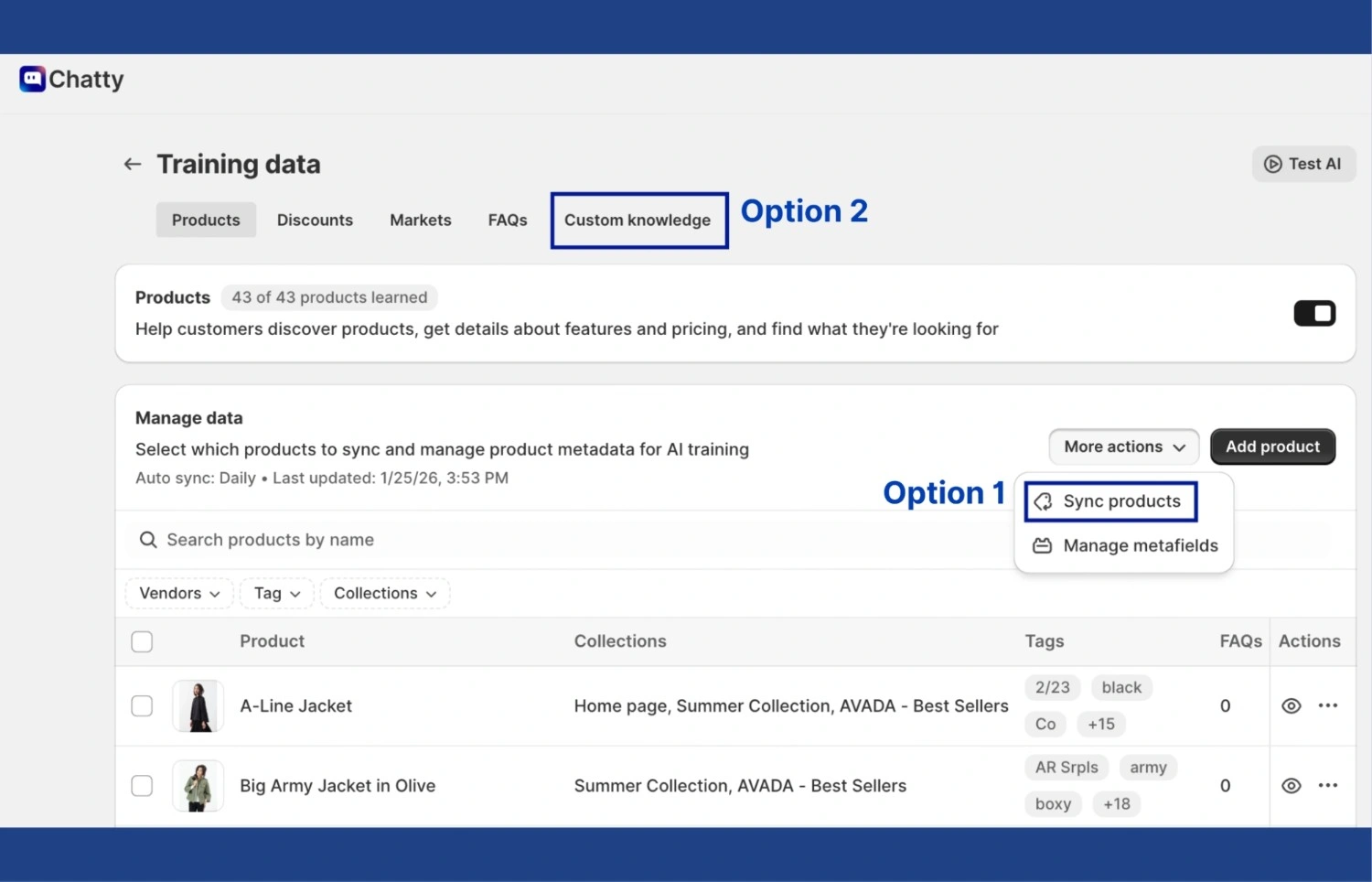 Chatty AI training data screen illustrating options for building a chatbot knowledge base by syncing products or adding custom knowledge content