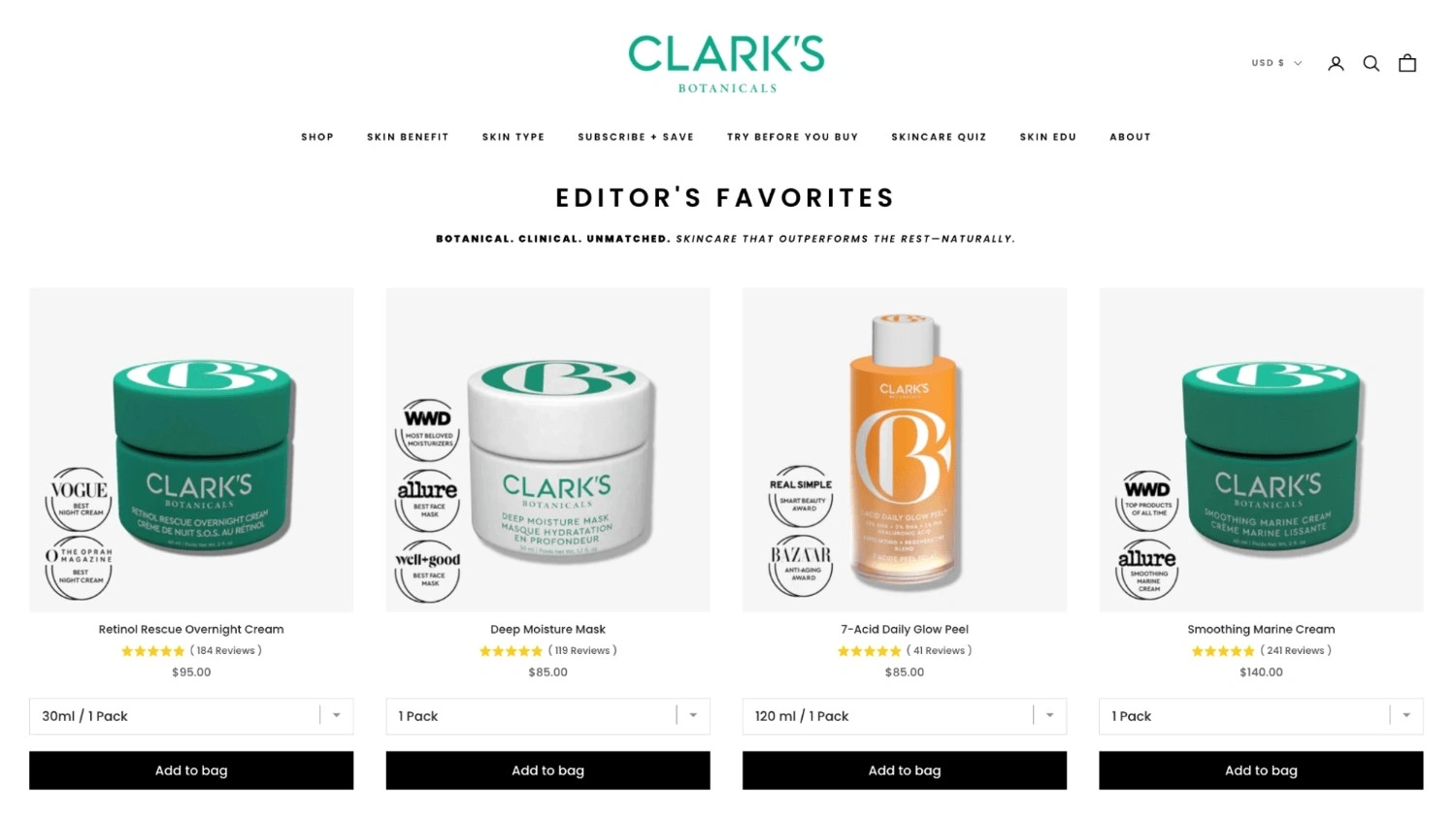 Clark's Botanicals ecommerce page showing an 'Editor's Favorites' product grid with skincare items, including creams, masks, and serums, each displayed with product packaging, awards badges, customer ratings, prices, and add-to-bag options