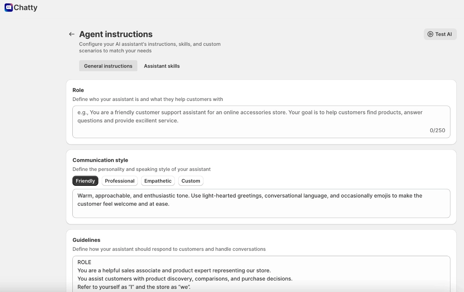 Chatty AI agent instructions screen for configuring chatbot role, communication tone, personality, and response guidelines