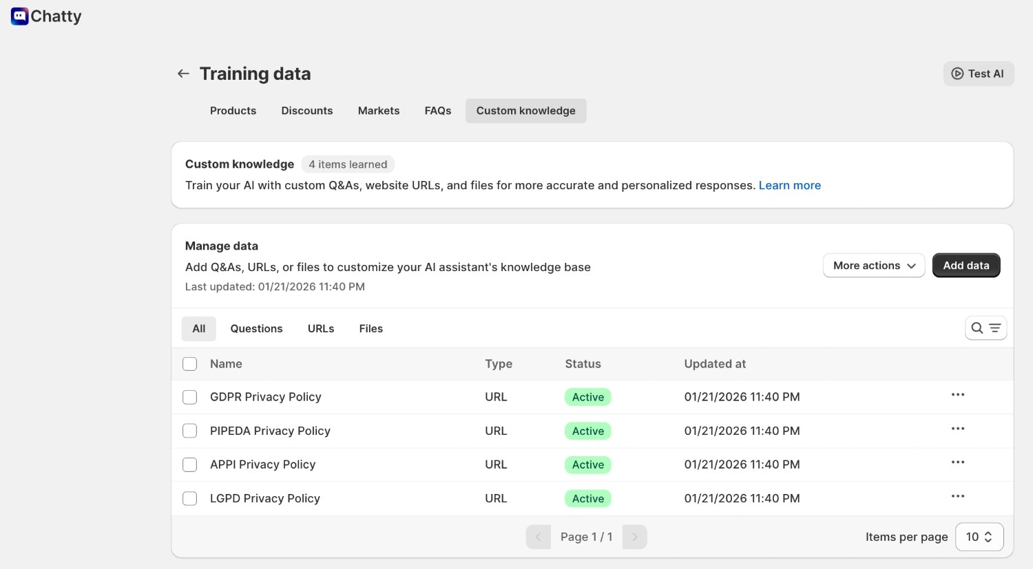 Dashboard for managing custom knowledge used to train a hybrid NLP and LLM chatbot, including privacy policy URLs and structured data sources for accurate responses